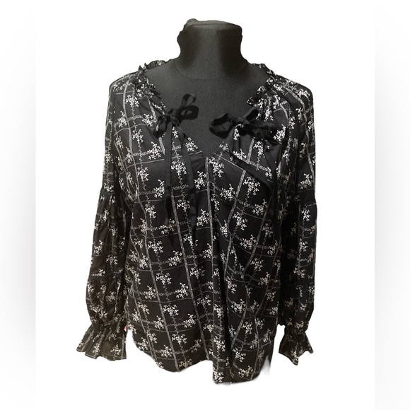 Cinq à Sept Romy Wildflower Print Double Tie Neck Blouse white black bows Size L - Picture 3 of 9